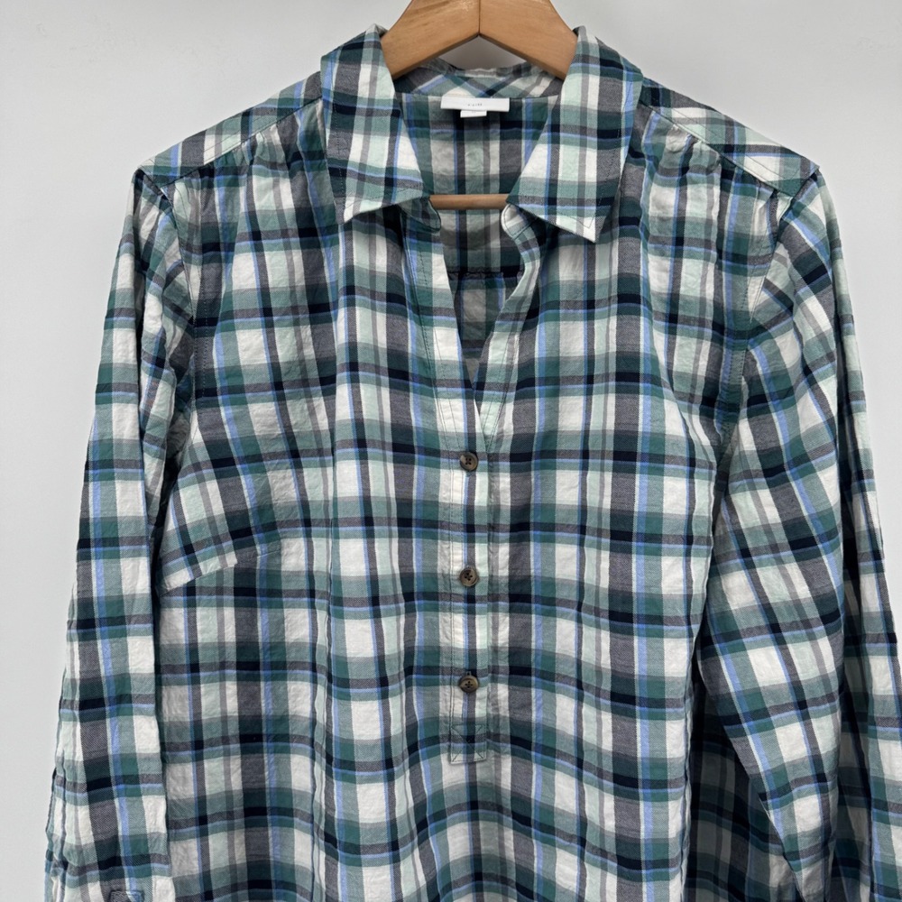 J. Jill Green Blue Plaid Cotton Stretch Button Front Tunic Shirt XL Lightweight